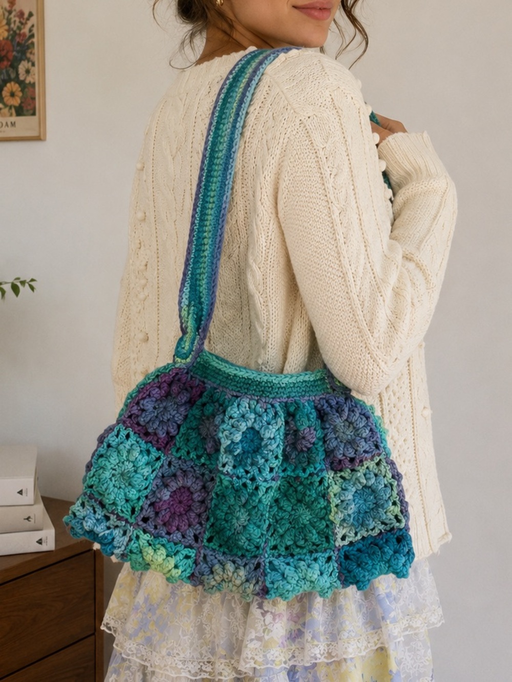 Crochet Shoulder Bag in Teal & Blue Patchwork